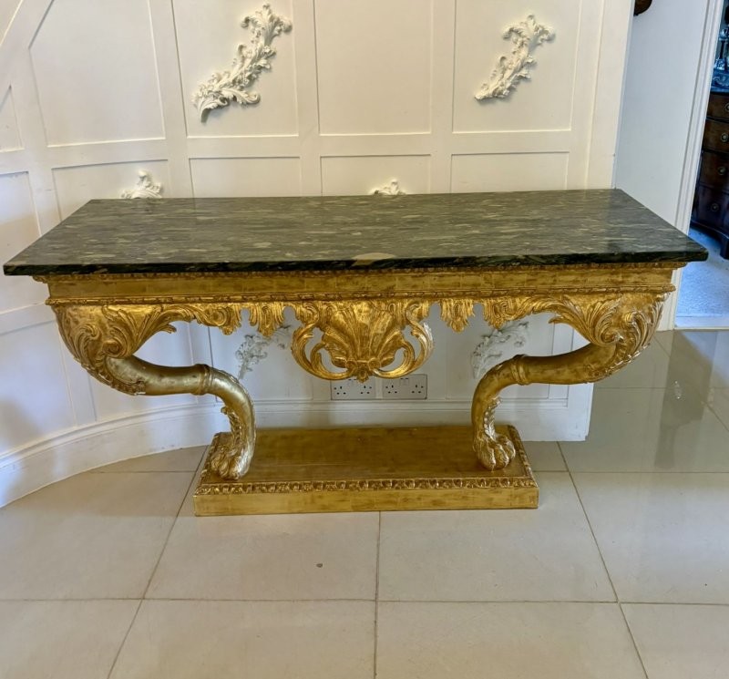 Antique Pair of Monumental Italian Baroque Revival Giltwood Console Tables with Breccia Marble Tops and Lion’s Paw Supports - Image 7