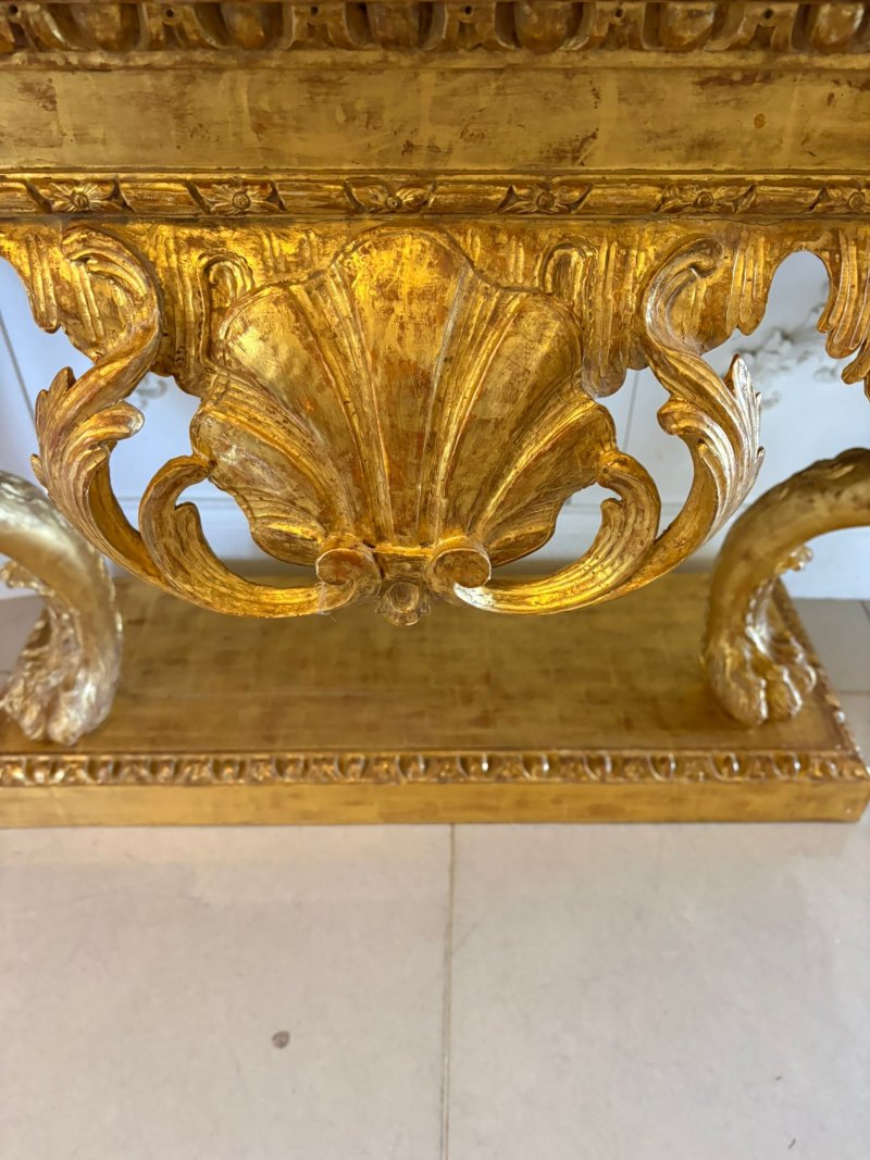 Antique Pair of Monumental Italian Baroque Revival Giltwood Console Tables with Breccia Marble Tops and Lion’s Paw Supports - Image 10