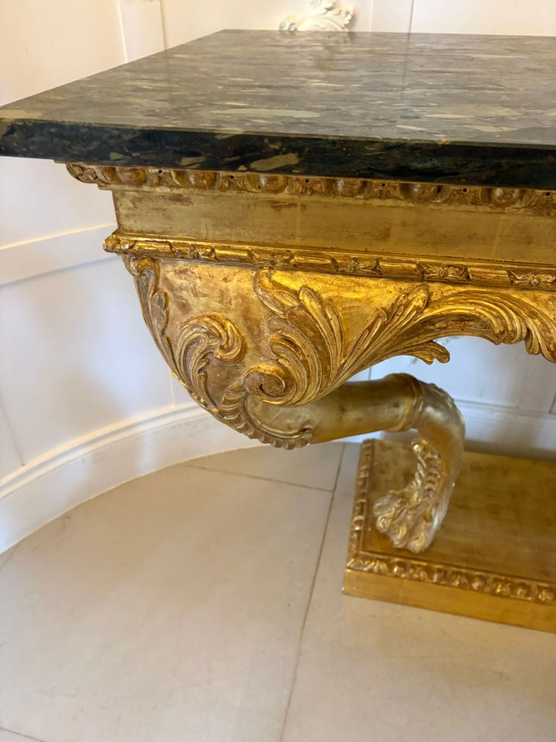 Antique Pair of Monumental Italian Baroque Revival Giltwood Console Tables with Breccia Marble Tops and Lion’s Paw Supports - Image 12