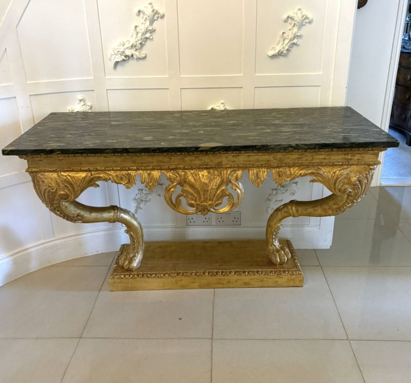 Antique Pair of Monumental Italian Baroque Revival Giltwood Console Tables with Breccia Marble Tops and Lion’s Paw Supports - Image 13