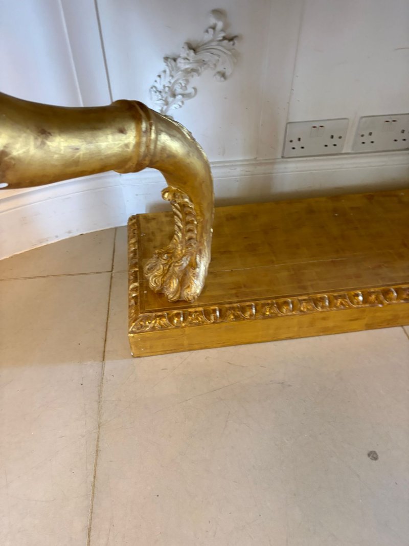 Antique Pair of Monumental Italian Baroque Revival Giltwood Console Tables with Breccia Marble Tops and Lion’s Paw Supports - Image 11