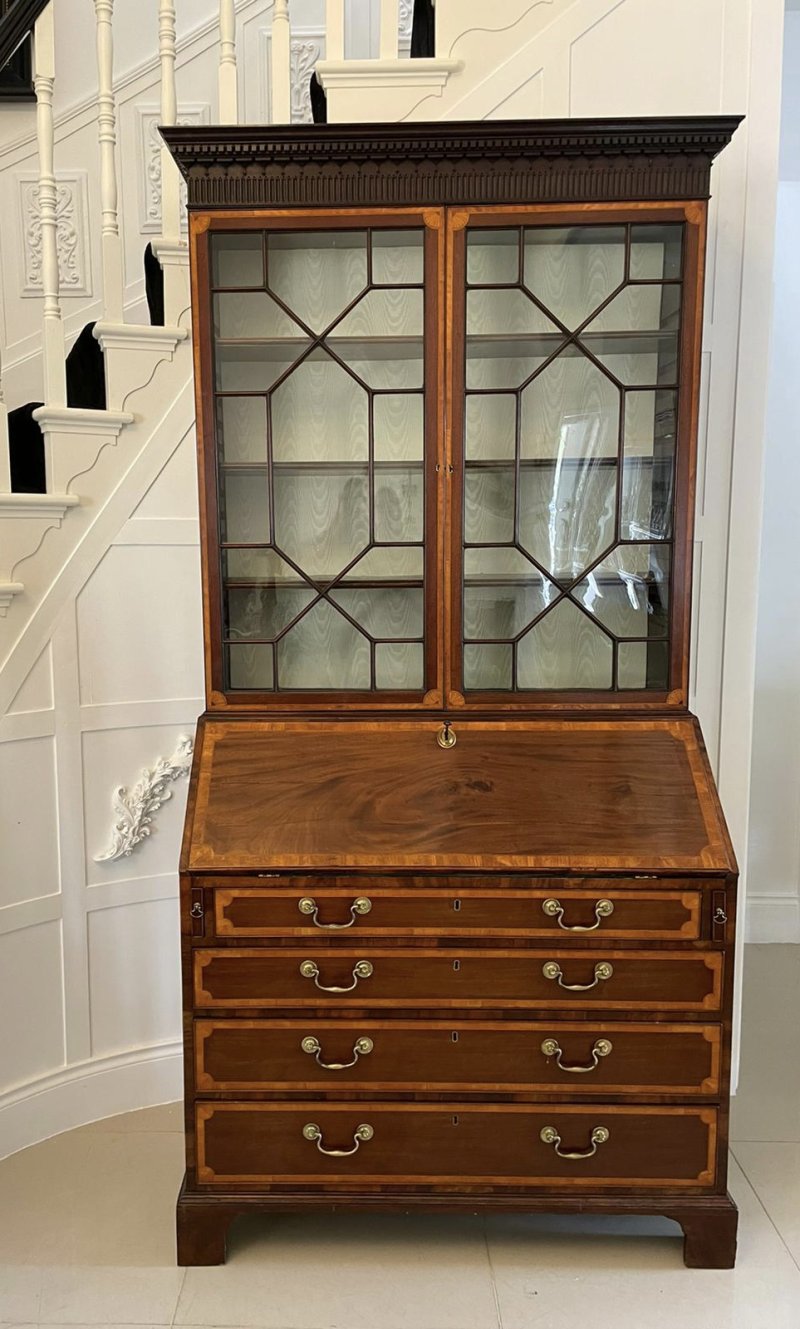Outstanding Quality Antique George III Mahogany Inlaid Bureau Bookcase