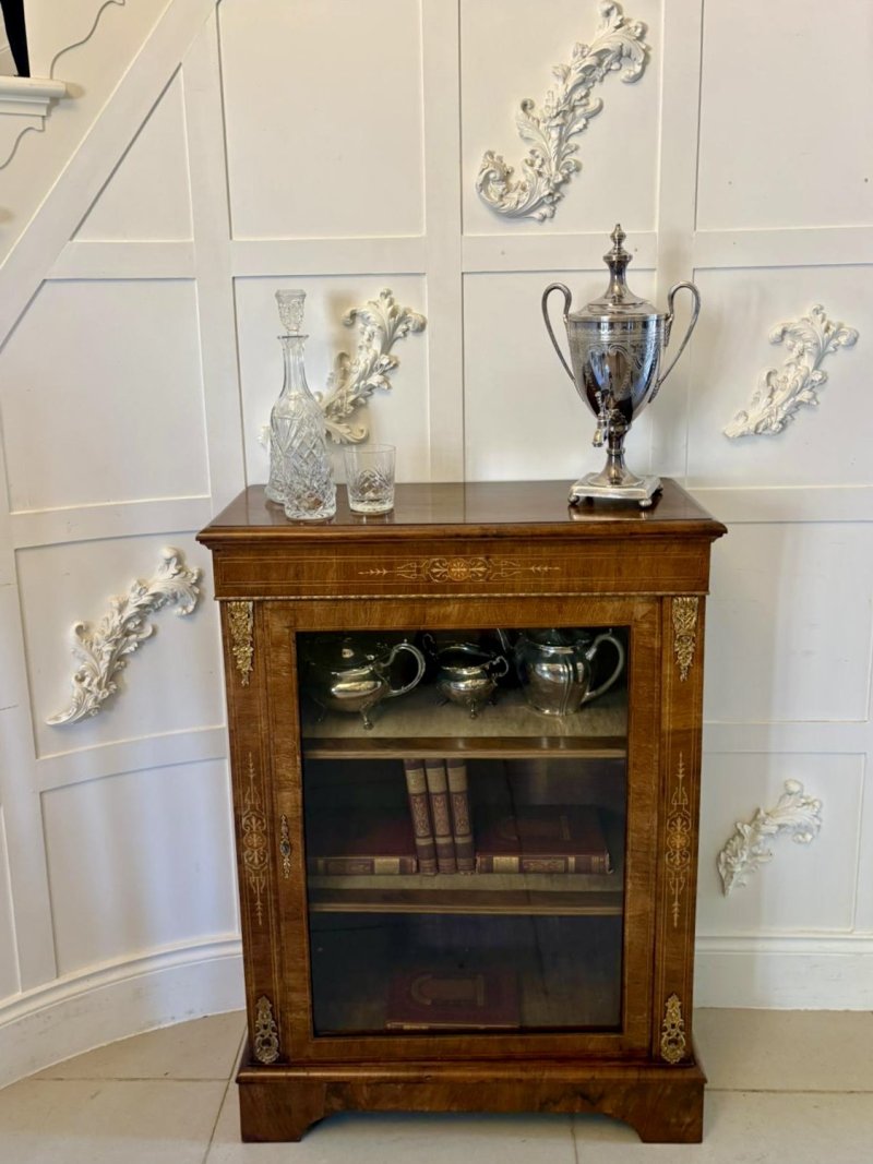 Antique Victorian Walnut Inlaid Glazed Pier Cabinet with Ormolu Mounts - Image 3