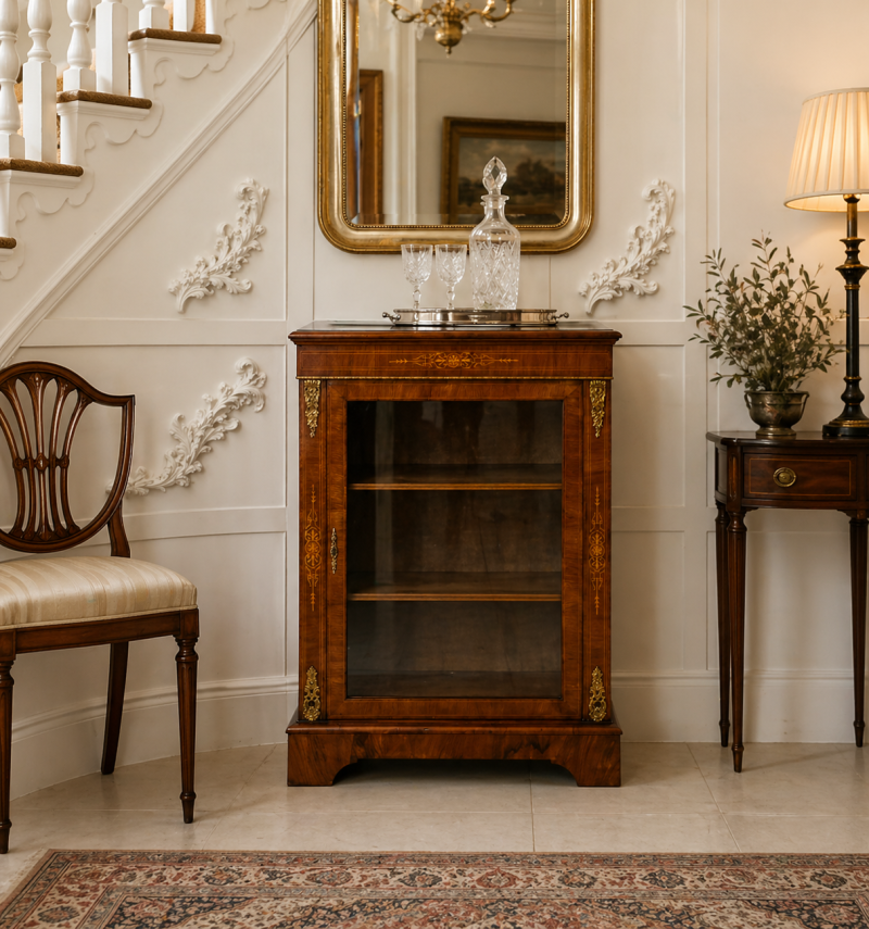 Antique Victorian Walnut Inlaid Glazed Pier Cabinet with Ormolu Mounts - Image 2