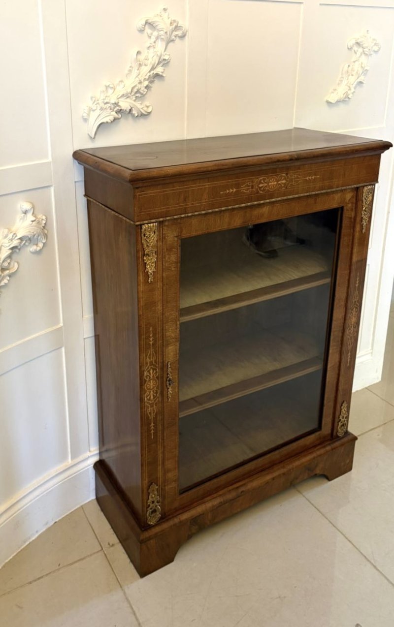 Antique Victorian Walnut Inlaid Glazed Pier Cabinet with Ormolu Mounts - Image 5