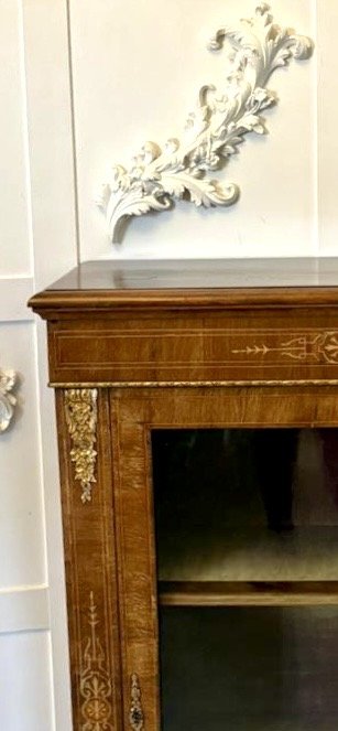 Antique Victorian Walnut Inlaid Glazed Pier Cabinet with Ormolu Mounts - Image 9