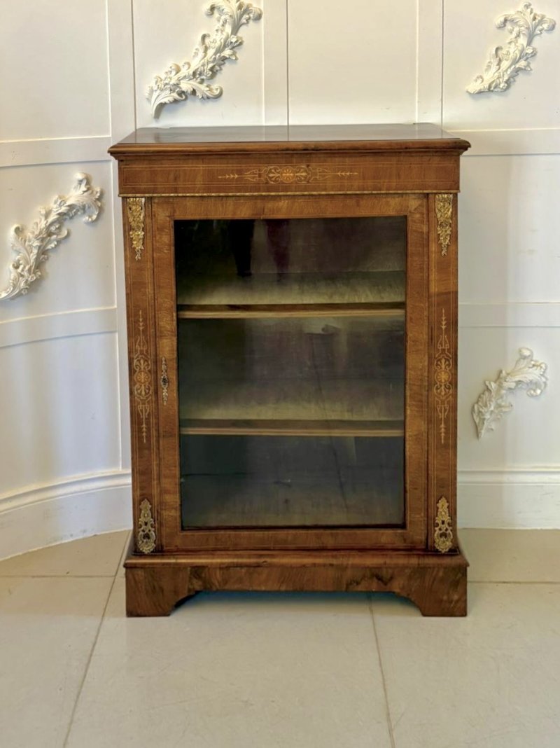 Antique Victorian Walnut Inlaid Glazed Pier Cabinet with Ormolu Mounts
