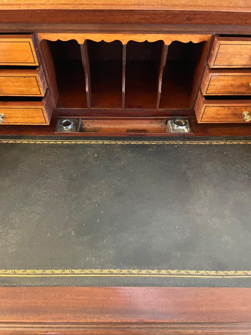 Fine Quality Antique Edwardian Freestanding Mahogany Inlaid Cylinder Desk By Maple & Co. London - Image 11