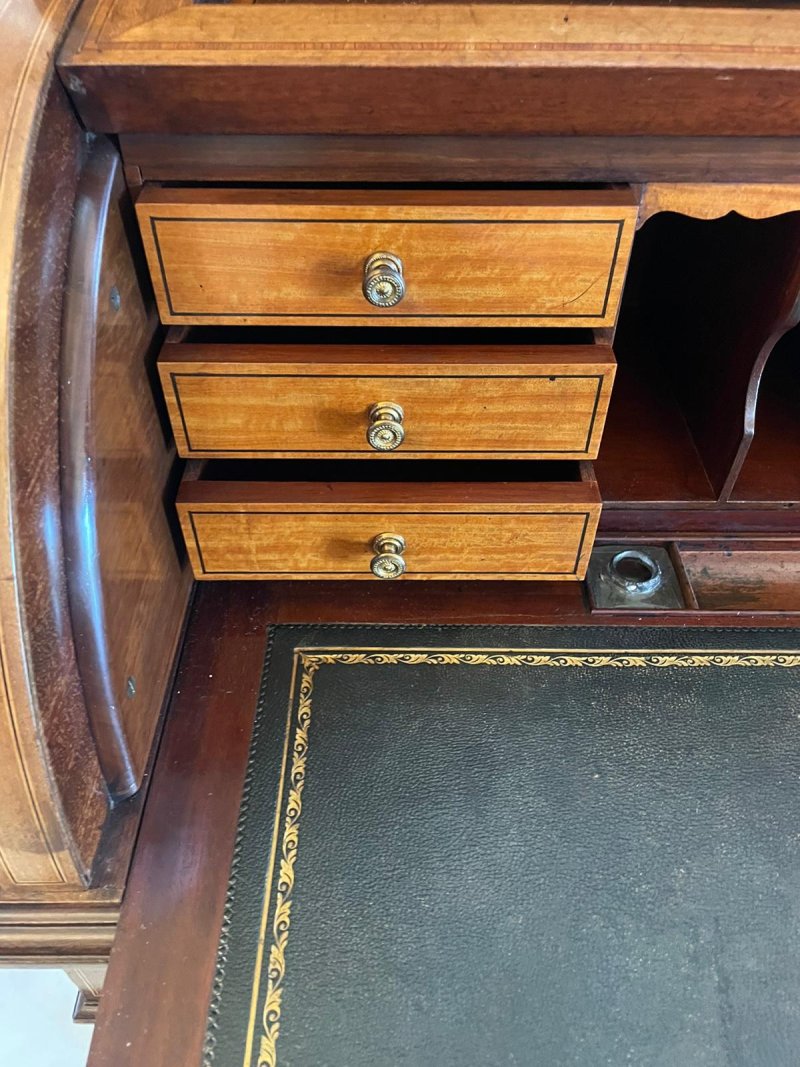 Fine Quality Antique Edwardian Freestanding Mahogany Inlaid Cylinder Desk By Maple & Co. London - Image 10