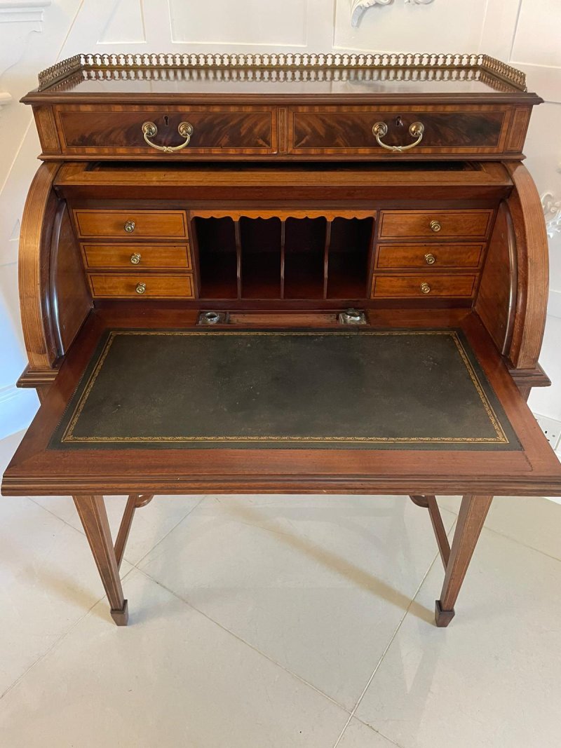 Fine Quality Antique Edwardian Freestanding Mahogany Inlaid Cylinder Desk By Maple & Co. London - Image 13