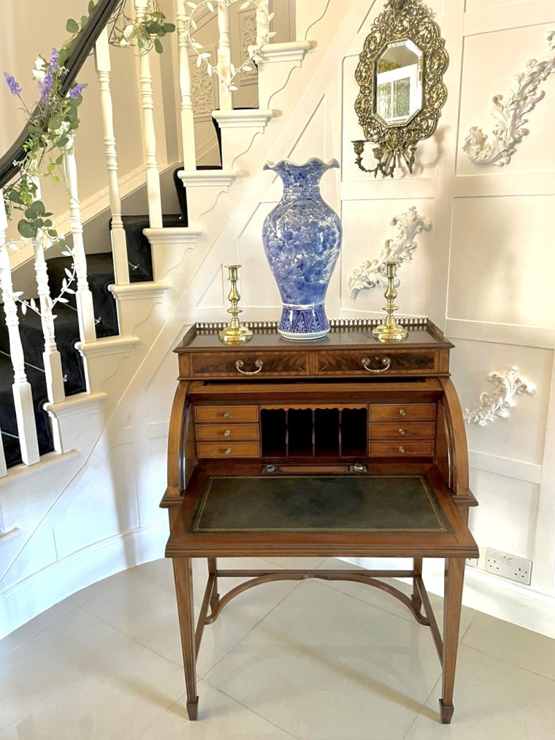 Fine Quality Antique Edwardian Freestanding Mahogany Inlaid Cylinder Desk By Maple & Co. London - Image 2
