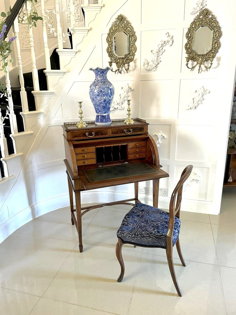 Fine Quality Antique Edwardian Freestanding Mahogany Inlaid Cylinder Desk By Maple & Co. London - Image 4