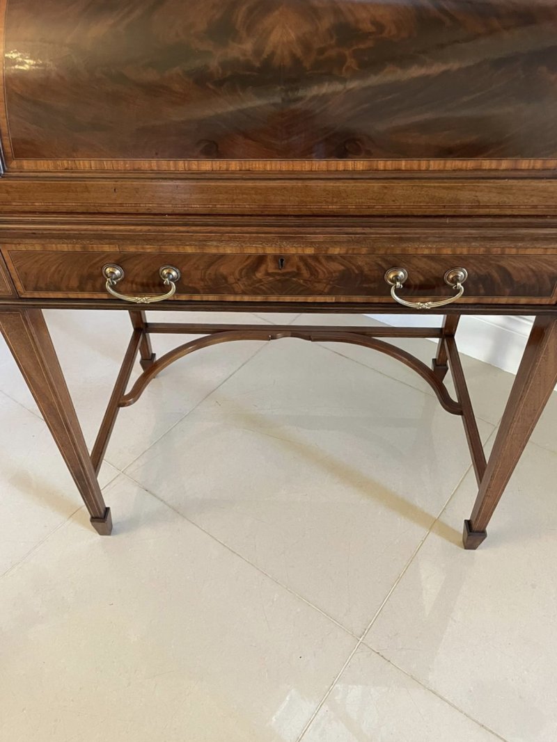 Fine Quality Antique Edwardian Freestanding Mahogany Inlaid Cylinder Desk By Maple & Co. London - Image 8