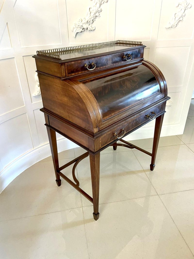 Fine Quality Antique Edwardian Freestanding Mahogany Inlaid Cylinder Desk By Maple & Co. London - Image 6