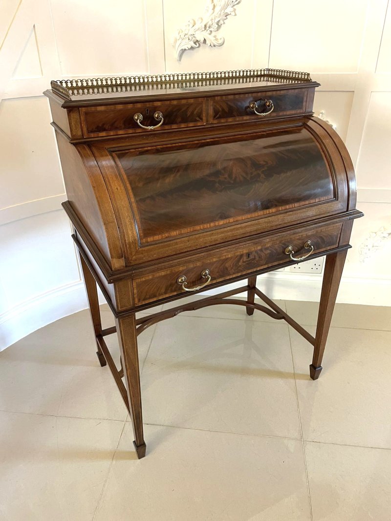 Fine Quality Antique Edwardian Freestanding Mahogany Inlaid Cylinder Desk By Maple & Co. London