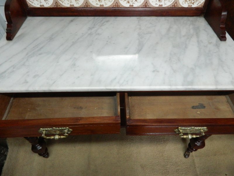 Victorian Marble Wash Stand with Tiled Back Mirror & 2 Drawers Mahogany - Image 8