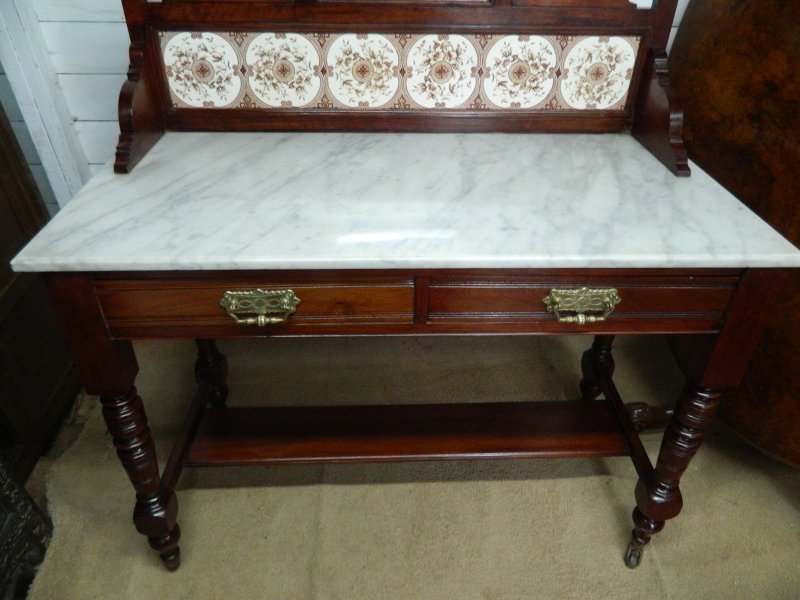 Victorian Marble Wash Stand with Tiled Back Mirror & 2 Drawers Mahogany - Image 9