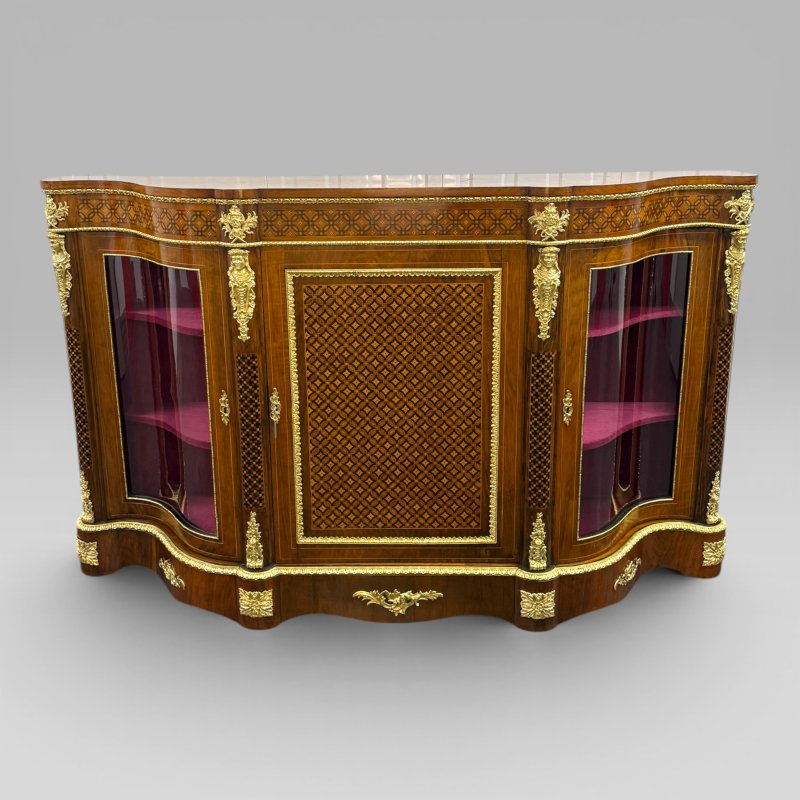 Antique Victorian Walnut Serpentine Credenza with Ormolu Mounts & Marquetry