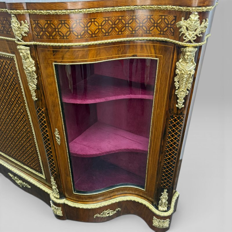 Antique Victorian Walnut Serpentine Credenza with Ormolu Mounts & Marquetry - Image 9