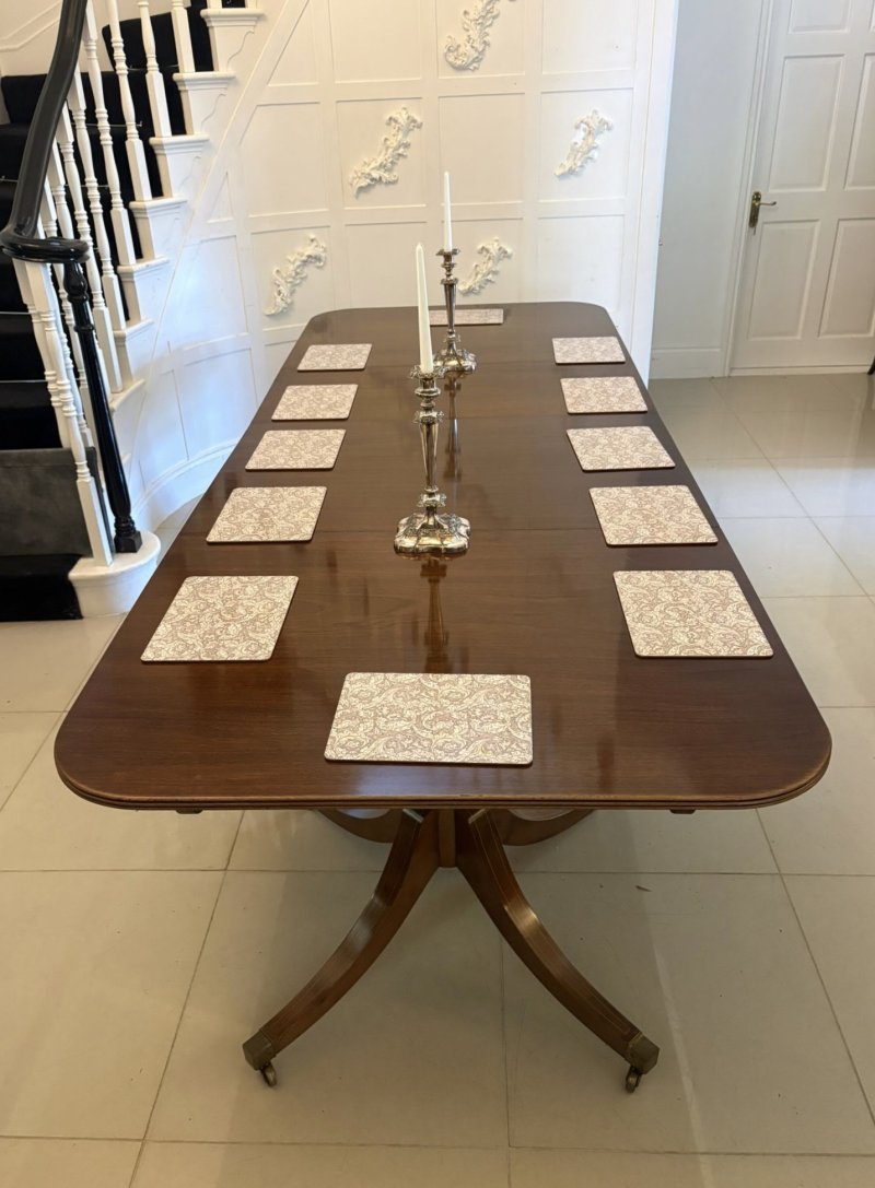 Antique English Figured Mahogany Extending Dining Table Twin Pillar 12 Seater Regency Style - Image 2