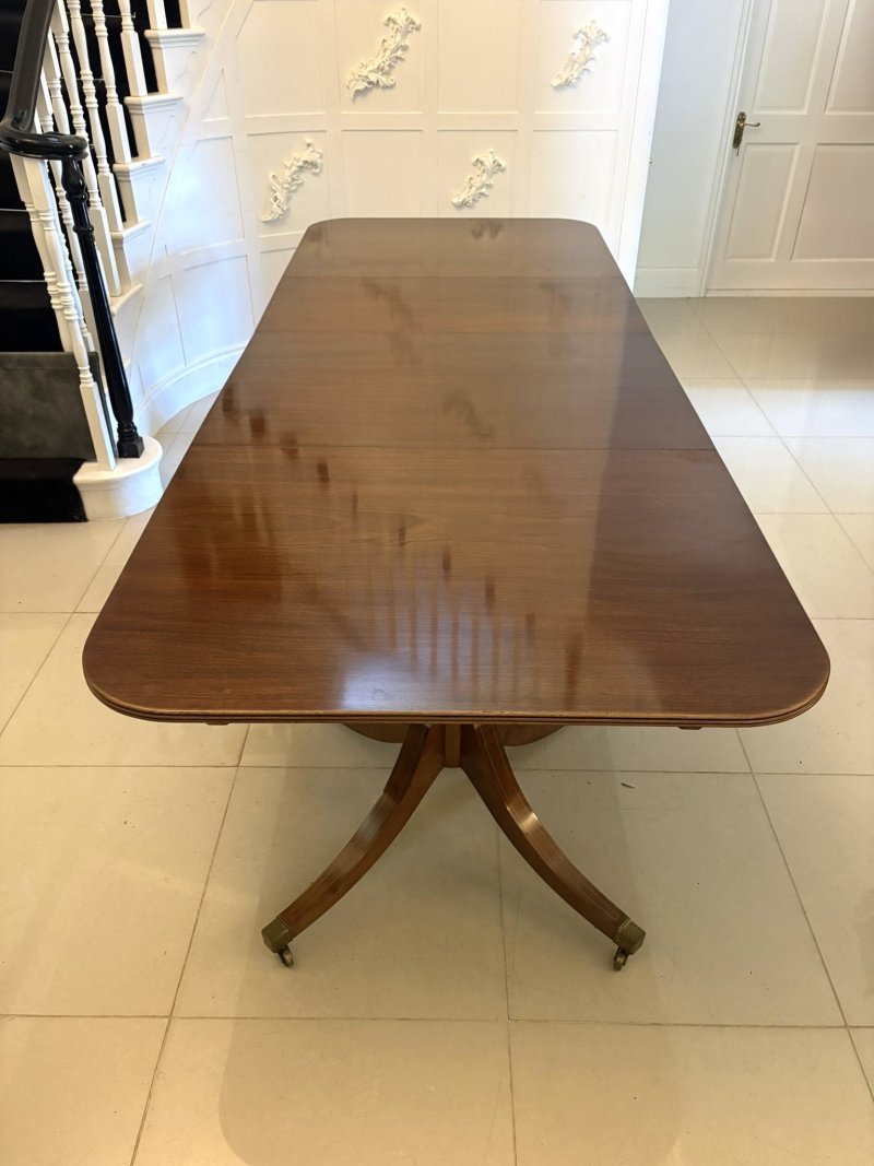 Antique English Figured Mahogany Extending Dining Table Twin Pillar 12 Seater Regency Style