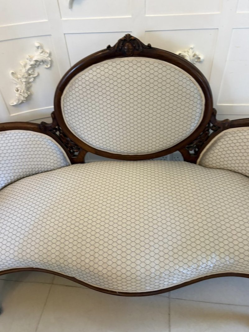 Antique Victorian Carved Walnut 11 Piece Salon/Drawing Room Suite with Sofa, Armchairs, Side Chairs and Footstools - Image 24