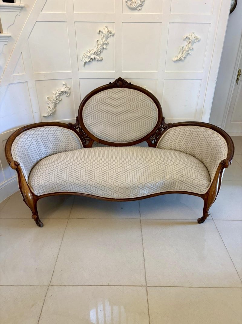 Antique Victorian Carved Walnut 11 Piece Salon/Drawing Room Suite with Sofa, Armchairs, Side Chairs and Footstools - Image 3