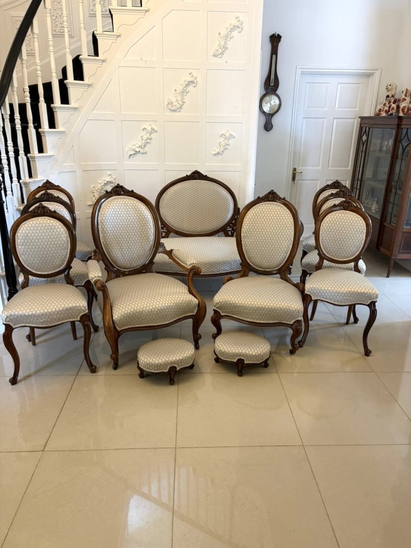 Antique Victorian Carved Walnut 11 Piece Salon/Drawing Room Suite with Sofa, Armchairs, Side Chairs and Footstools