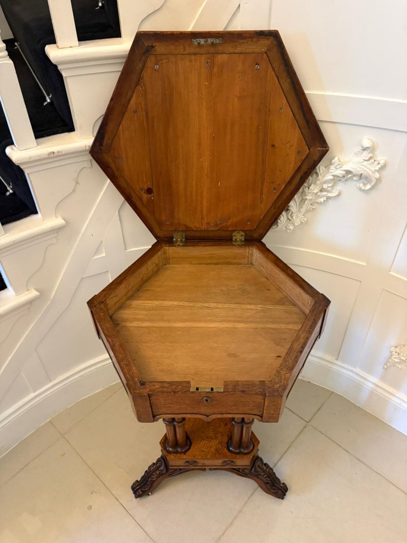 Antique Regency Pollard Oak Lamp Table Lift Top Carved Base Occasional Side Table - Image 4