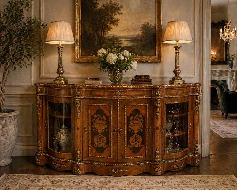 Antique Exceptional 4 Door Serpentine Marquetry Credenza Exhibition Quality - Image 2