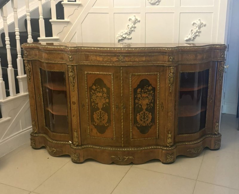 Antique Exceptional 4 Door Serpentine Marquetry Credenza Exhibition Quality