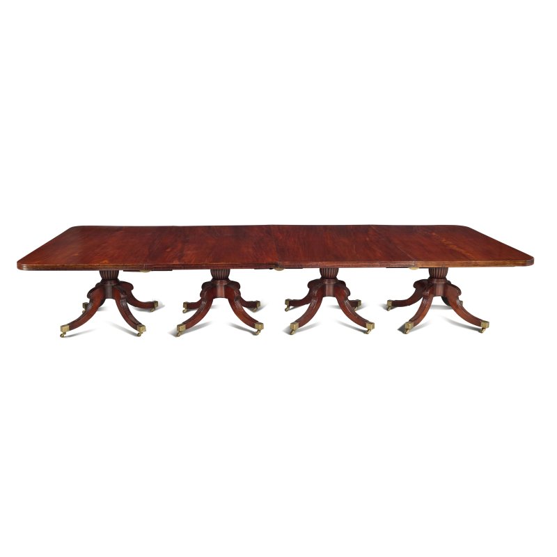 Antique Monumental Irish Regency Four Pedestal Mahogany Dining Table Seating 26 with Five Leaves