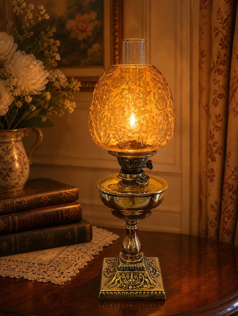 Antique Victorian Brass Oil Lamp with Etched Amber Glass Shade - Image 2