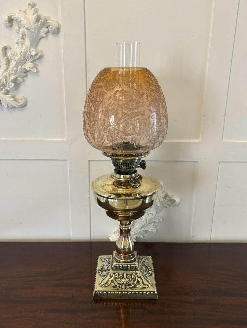 Antique Victorian Brass Oil Lamp with Etched Amber Glass Shade