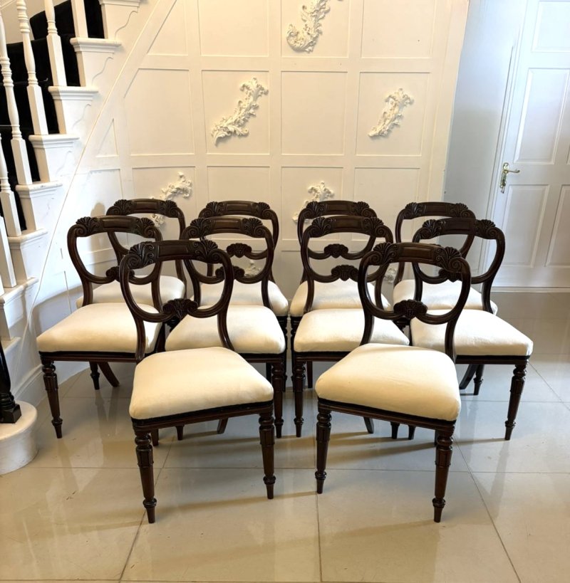 Antique Quality Set of 10 English Regency Carved Mahogany Dining Chairs