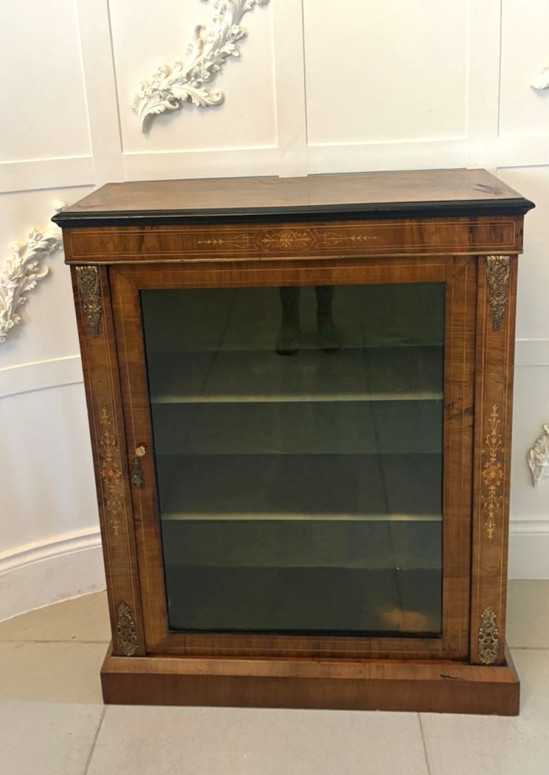 Antique Victorian English Walnut Inlaid Pier Cabinet Display
