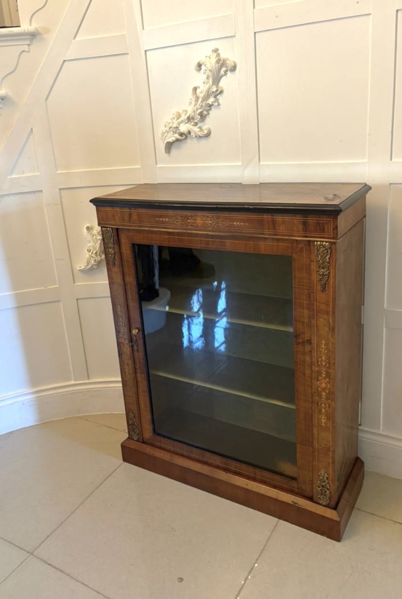 Antique Victorian English Walnut Inlaid Pier Cabinet Display - Image 4