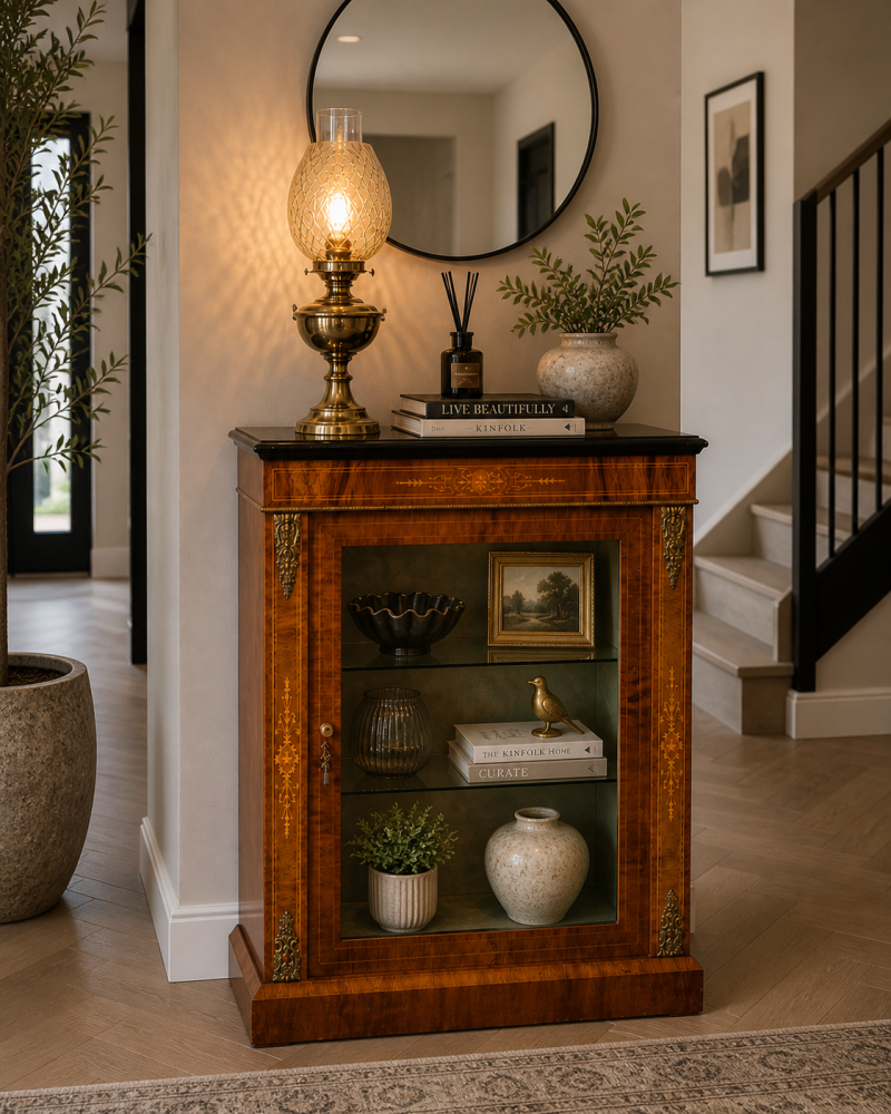 Antique Victorian English Walnut Inlaid Pier Cabinet Display - Image 2