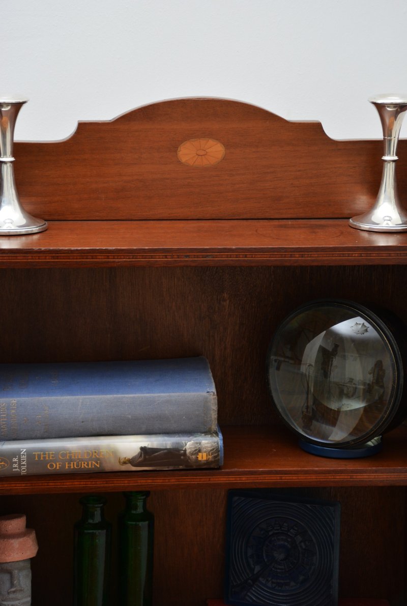 Slim Mahogany and Inlaid Open Bookcase c1900s - Image 7