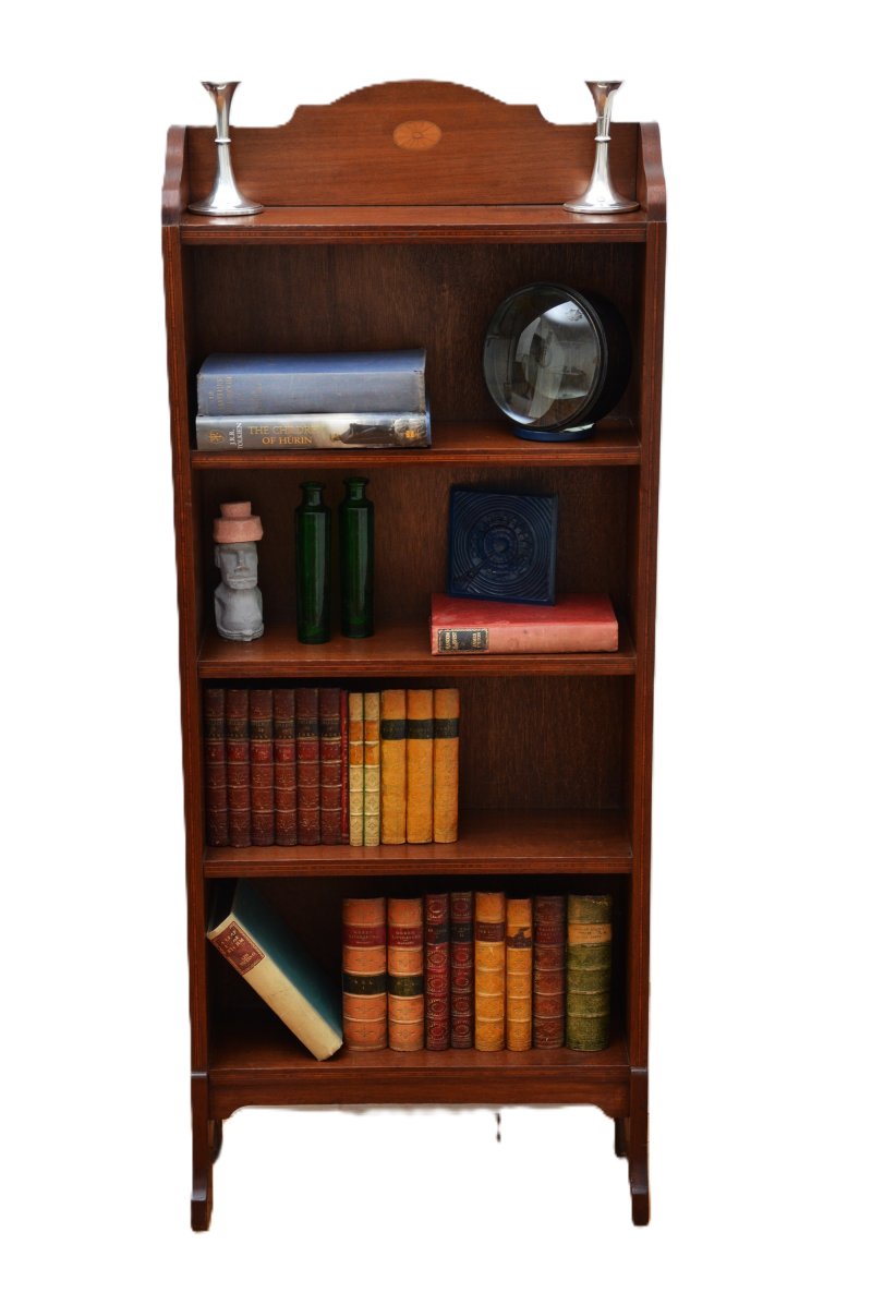 Slim Mahogany and Inlaid Open Bookcase c1900s - Image 2