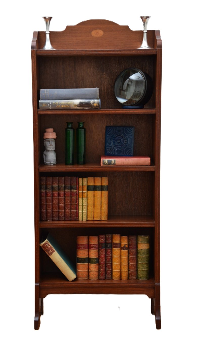 Slim Mahogany and Inlaid Open Bookcase c1900s - Image 3