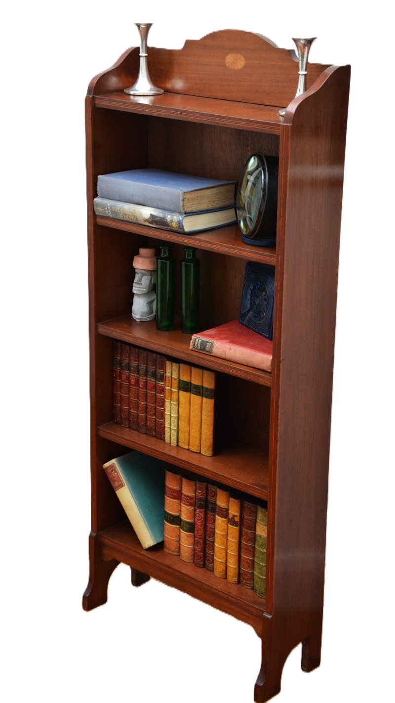 Slim Mahogany and Inlaid Open Bookcase c1900s - Image 4
