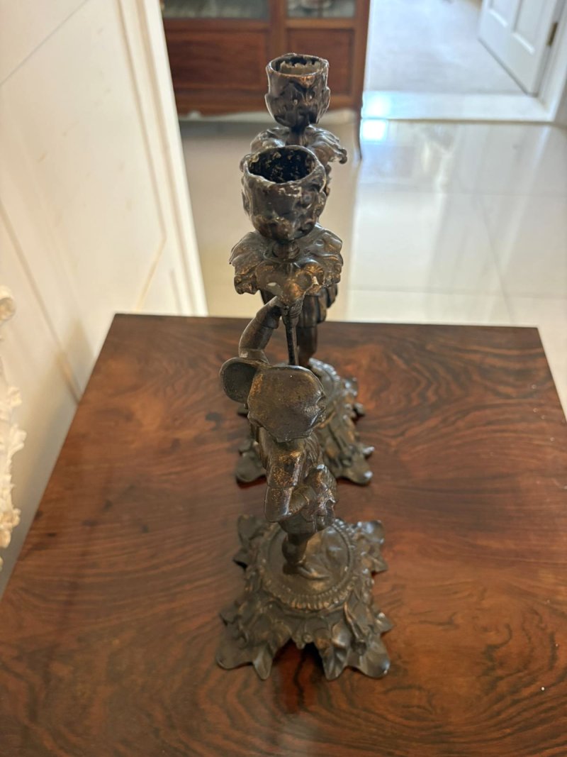 Antique Pair Victorian French Figural Spelter Candlesticks Renaissance Soldier Sculptural Mantel Pieces - Image 5