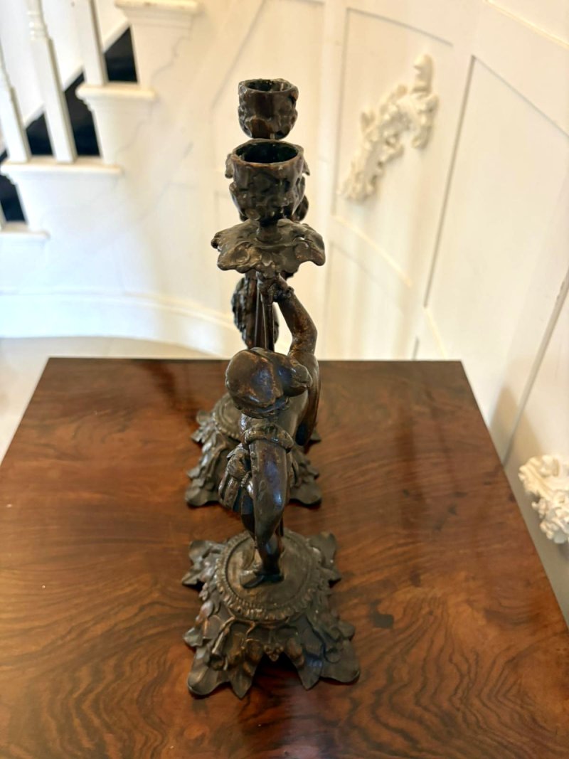 Antique Pair Victorian French Figural Spelter Candlesticks Renaissance Soldier Sculptural Mantel Pieces - Image 4