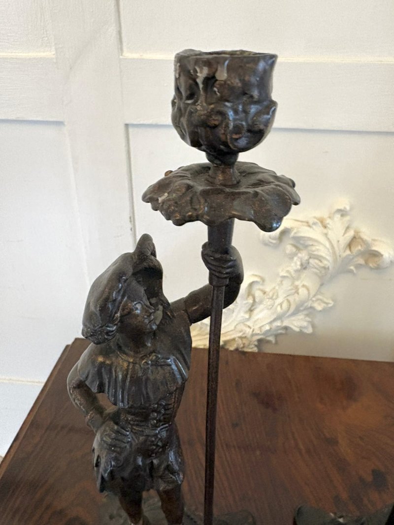 Antique Pair Victorian French Figural Spelter Candlesticks Renaissance Soldier Sculptural Mantel Pieces - Image 8