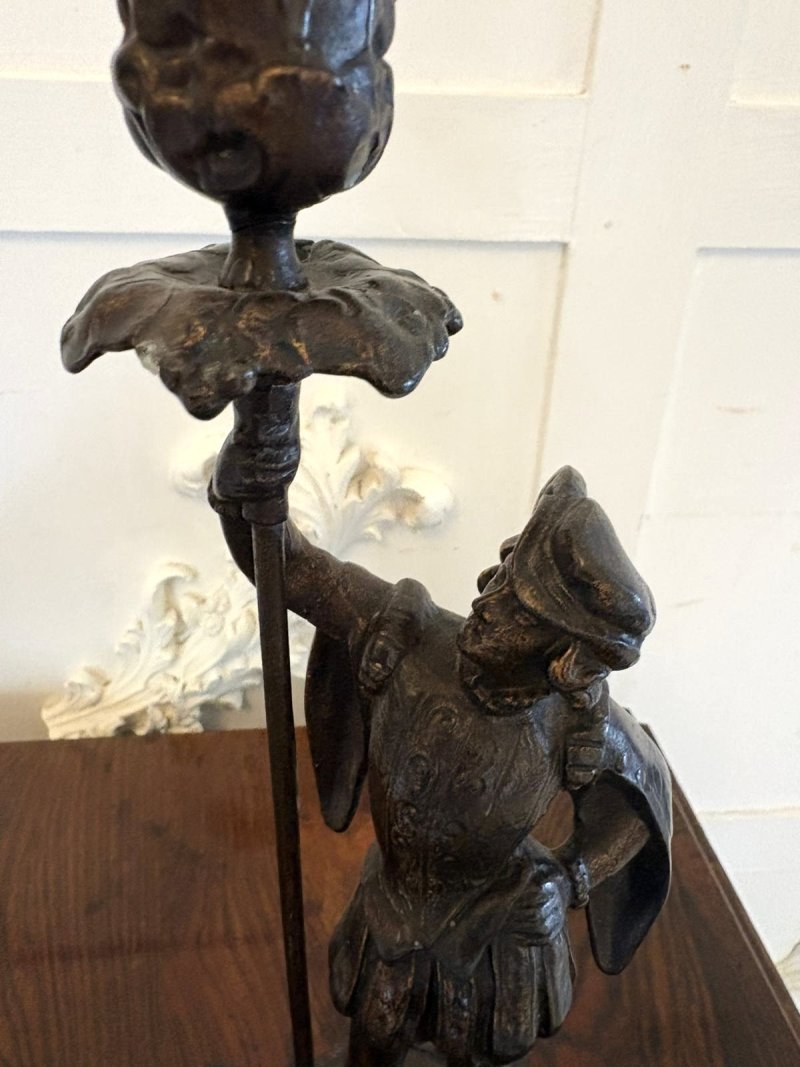 Antique Pair Victorian French Figural Spelter Candlesticks Renaissance Soldier Sculptural Mantel Pieces - Image 6