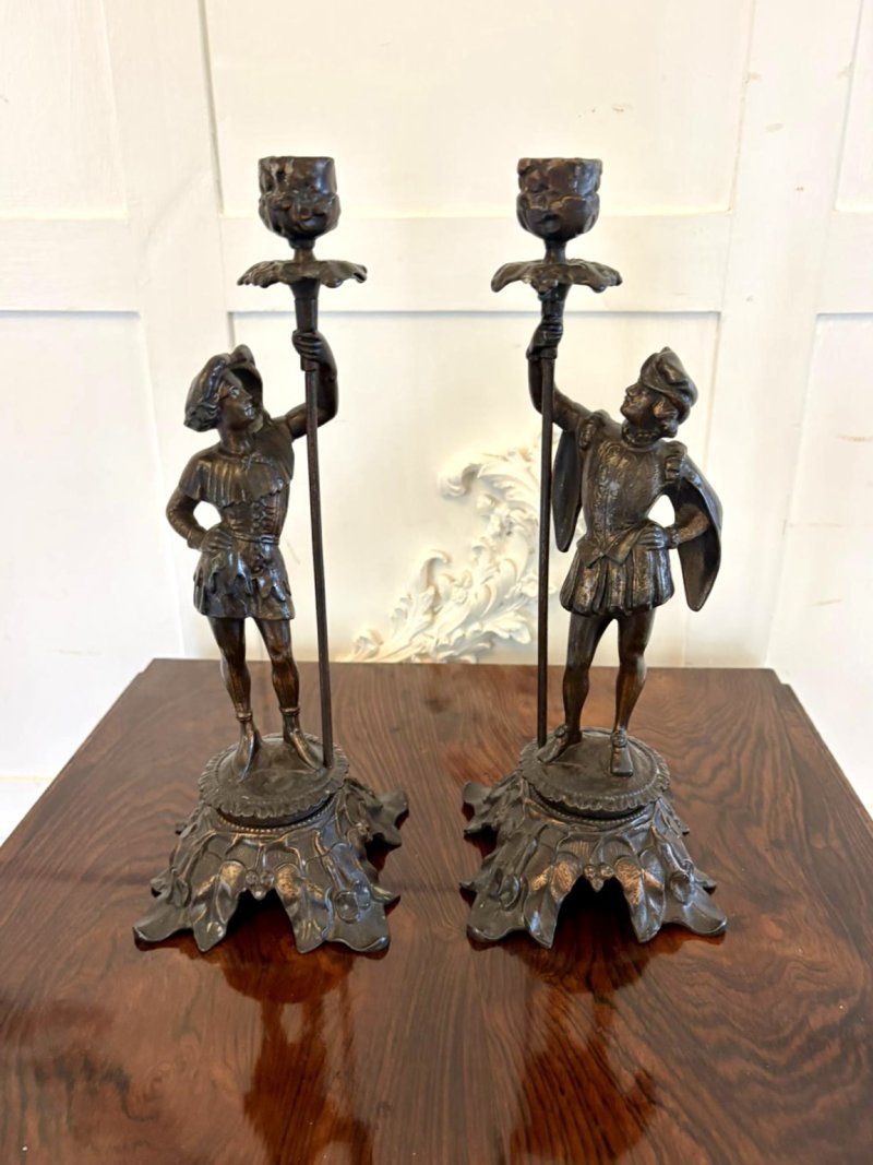 Antique Pair Victorian French Figural Spelter Candlesticks Renaissance Soldier Sculptural Mantel Pieces - Image 3