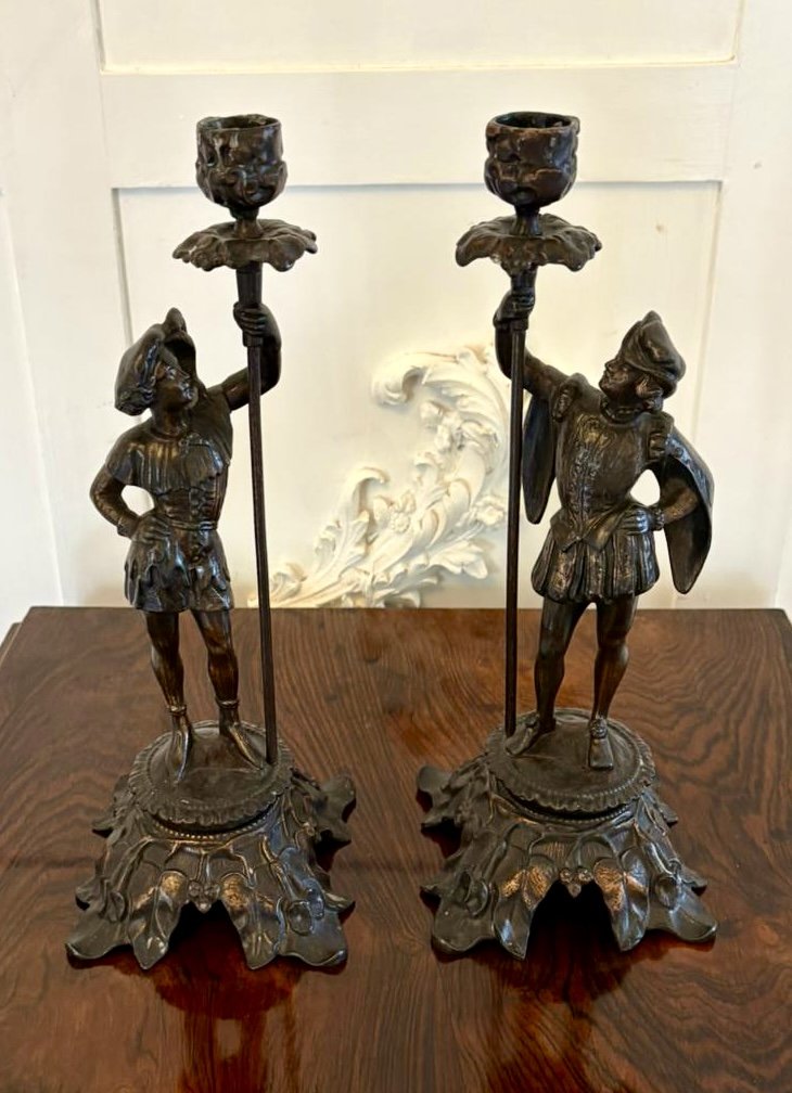 Antique Pair Victorian French Figural Spelter Candlesticks Renaissance Soldier Sculptural Mantel Pieces