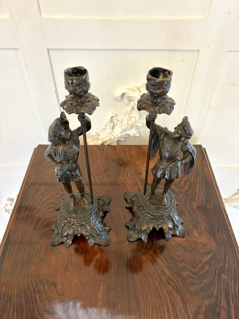 Antique Pair Victorian French Figural Spelter Candlesticks Renaissance Soldier Sculptural Mantel Pieces - Image 7