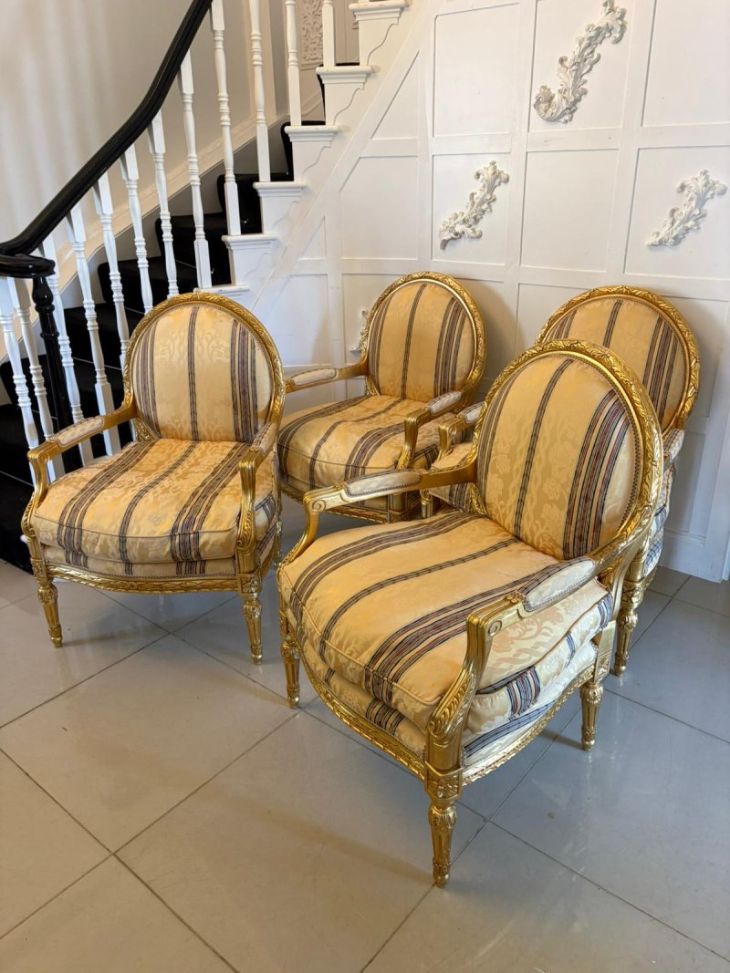 Antique French Giltwood Bergère Armchairs Set of 4 Louis XVI Style Salon Chairs - Image 4